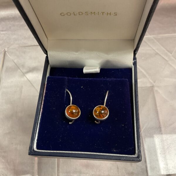 Close-up of silver amber stud earrings on a display card.
