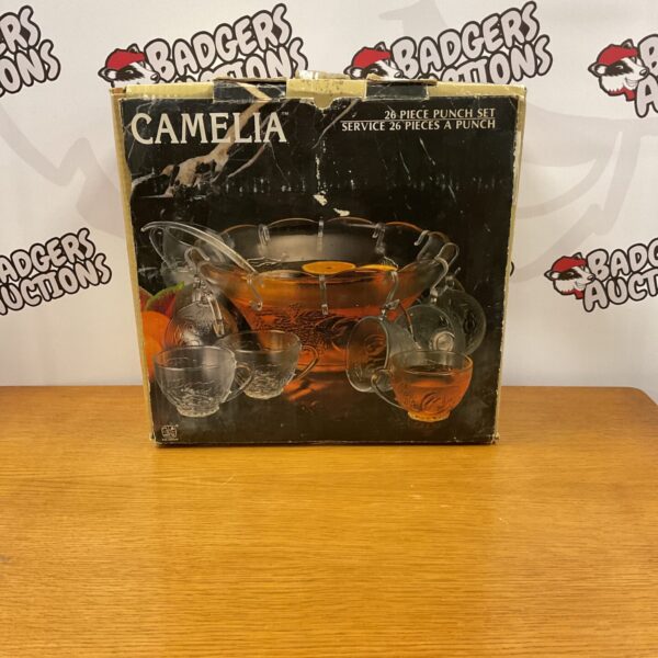 Vintage Camelia punch bowl set with cups and ladle.