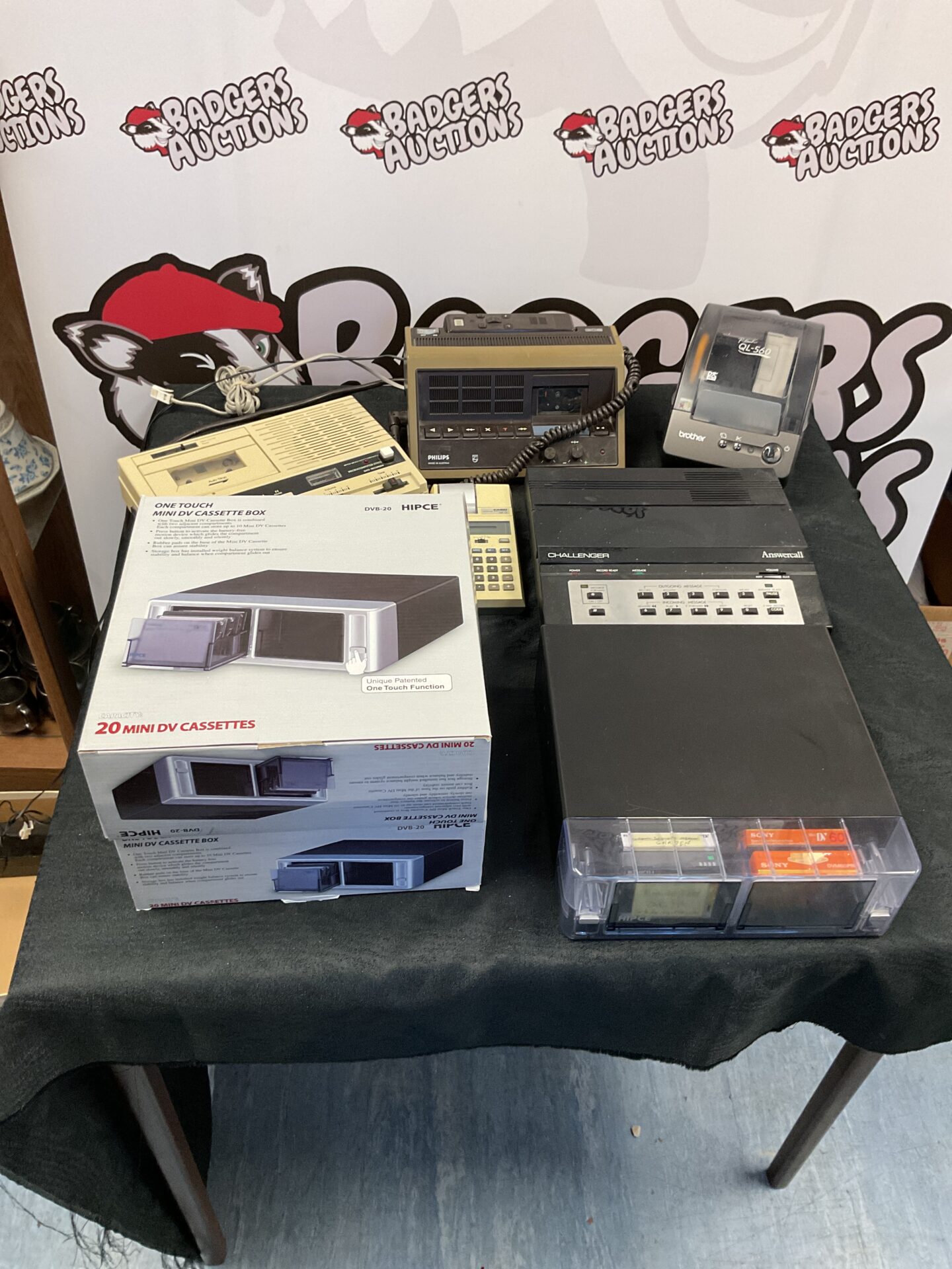 114 Box of electrical goods including bbc dictaphone brother label printer and Philips dictaphone with cassettes