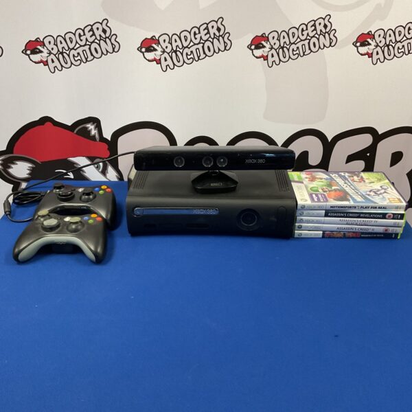 Xbox 360 console with Kinect and games for retro gaming.