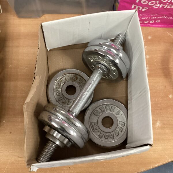 Reebok metal dumbbell with weight plates for home fitness.