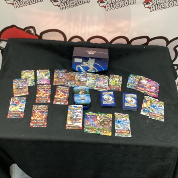 Pokemon card packs and tin lot for collectors.