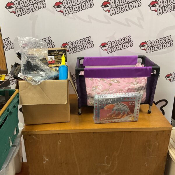 Mixed lot of baby items and dinosaur metal kit.