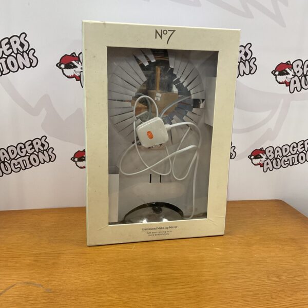 Illuminated No7 makeup mirror for cosmetic application and vanity use.