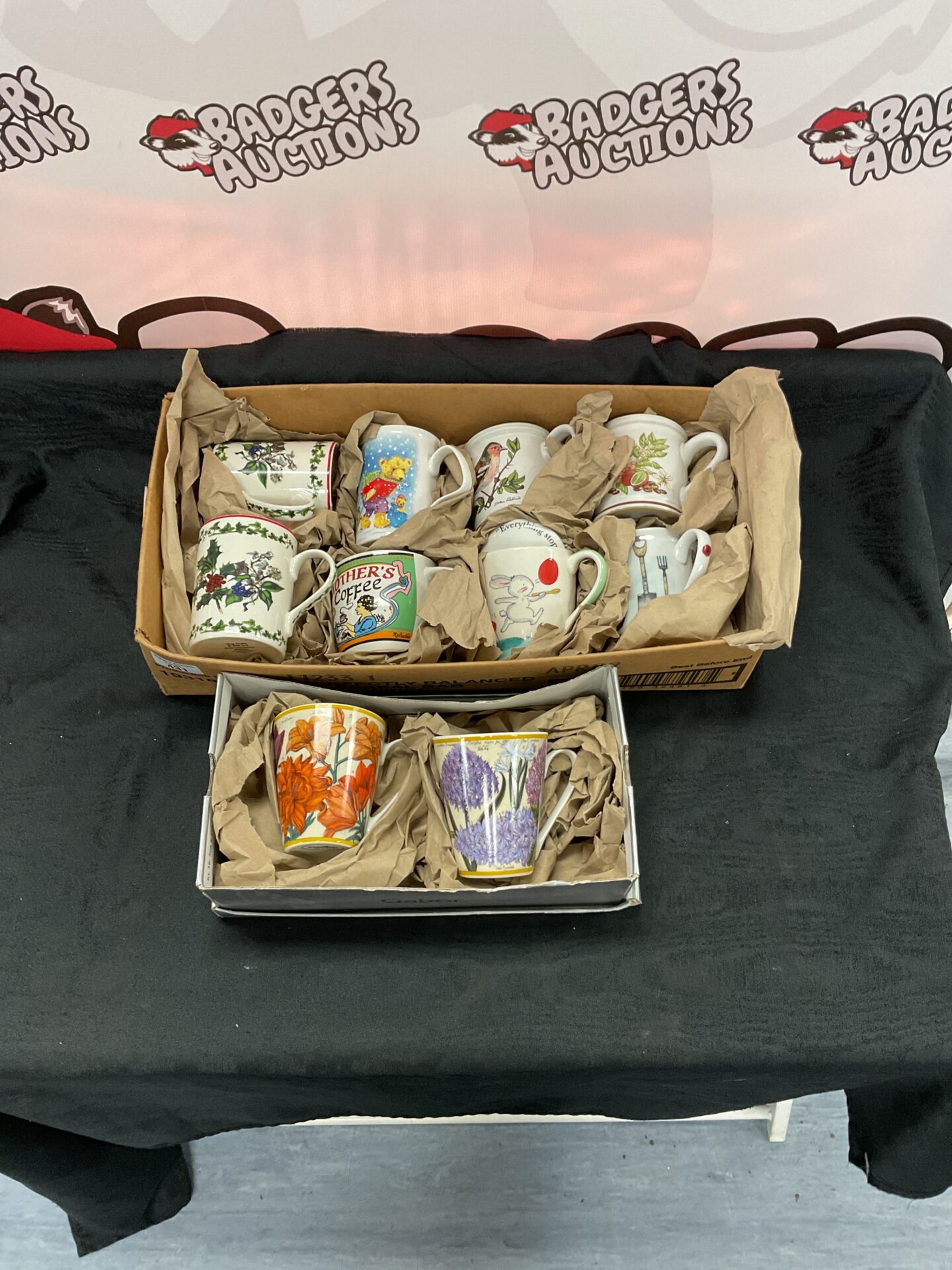 431 Two boxes of portmeirion, waterside and denby mugs