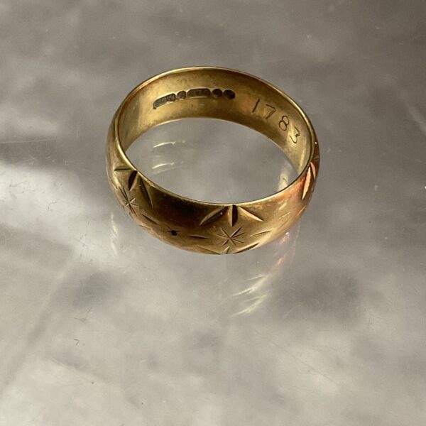 Close-up of a 9ct gold band ring, size M.
