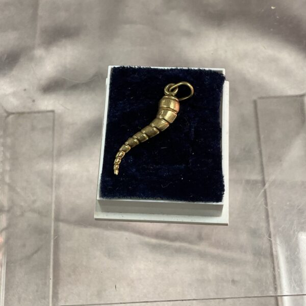 Close-up of a 9ct gold chilli pepper charm.