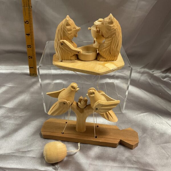 Vintage hand carved wooden bears and birds sculpture.