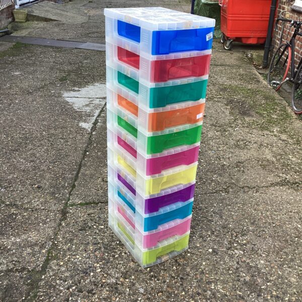 Stack of brightly coloured plastic storage drawers for home organisation.