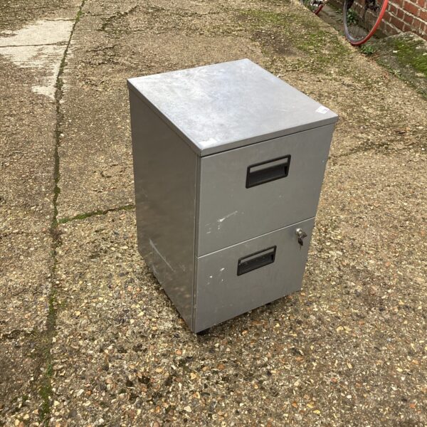Front view of a metal locking cabinet with two drawers.