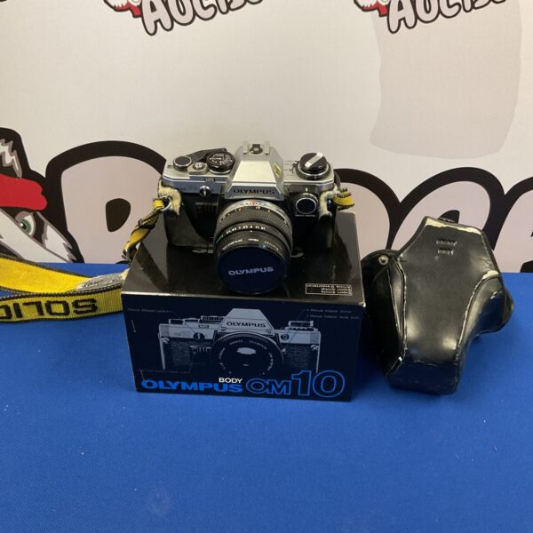 Front view of a vintage Olympus OM10 35mm film camera.
