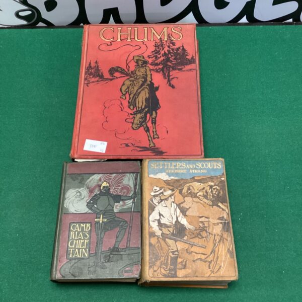 Vintage lot of three children's books, including Chums and Settlers & Scouts.