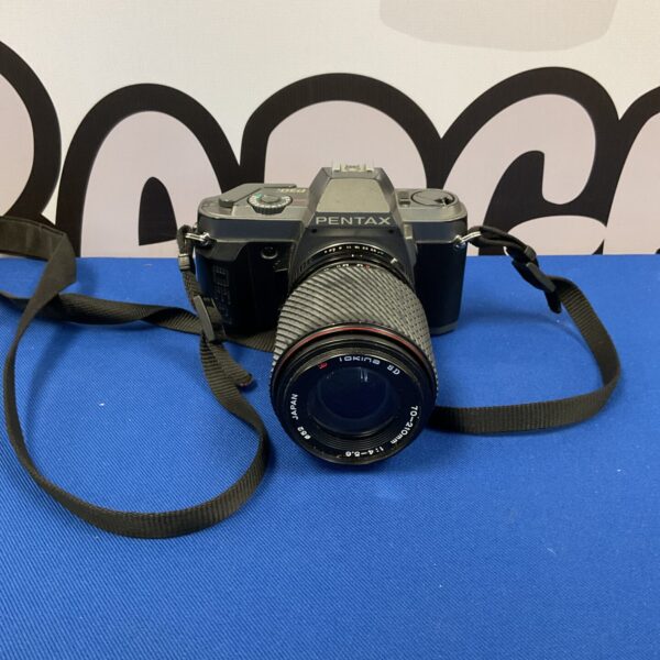 Front view of a vintage Pentax P30 35mm film camera.