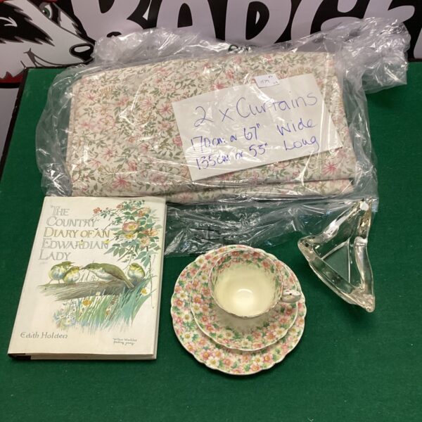 Vintage Edwardian Country Diary curtains and Staffordshire trio set.