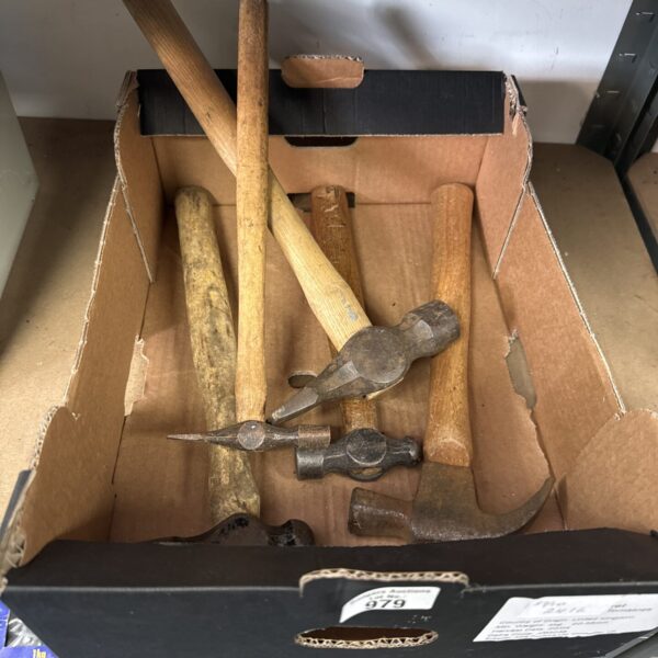 Lot of five assorted vintage hammers for sale.