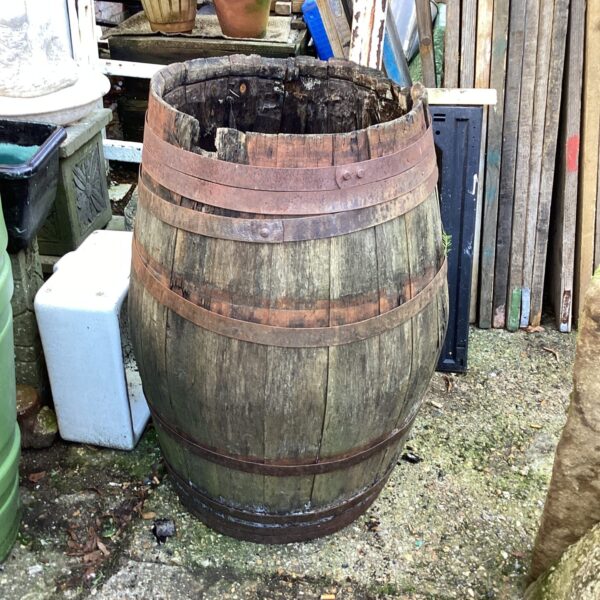 Weathered vintage wooden barrel in a garden setting.