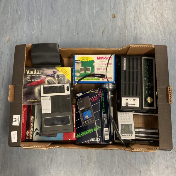 Vintage audio lot with portable radio, LCD TV, and video mixer.