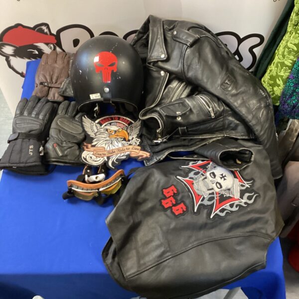 Motorcycle clothing bundle including leather jacket, waistcoat, gloves and helmet.