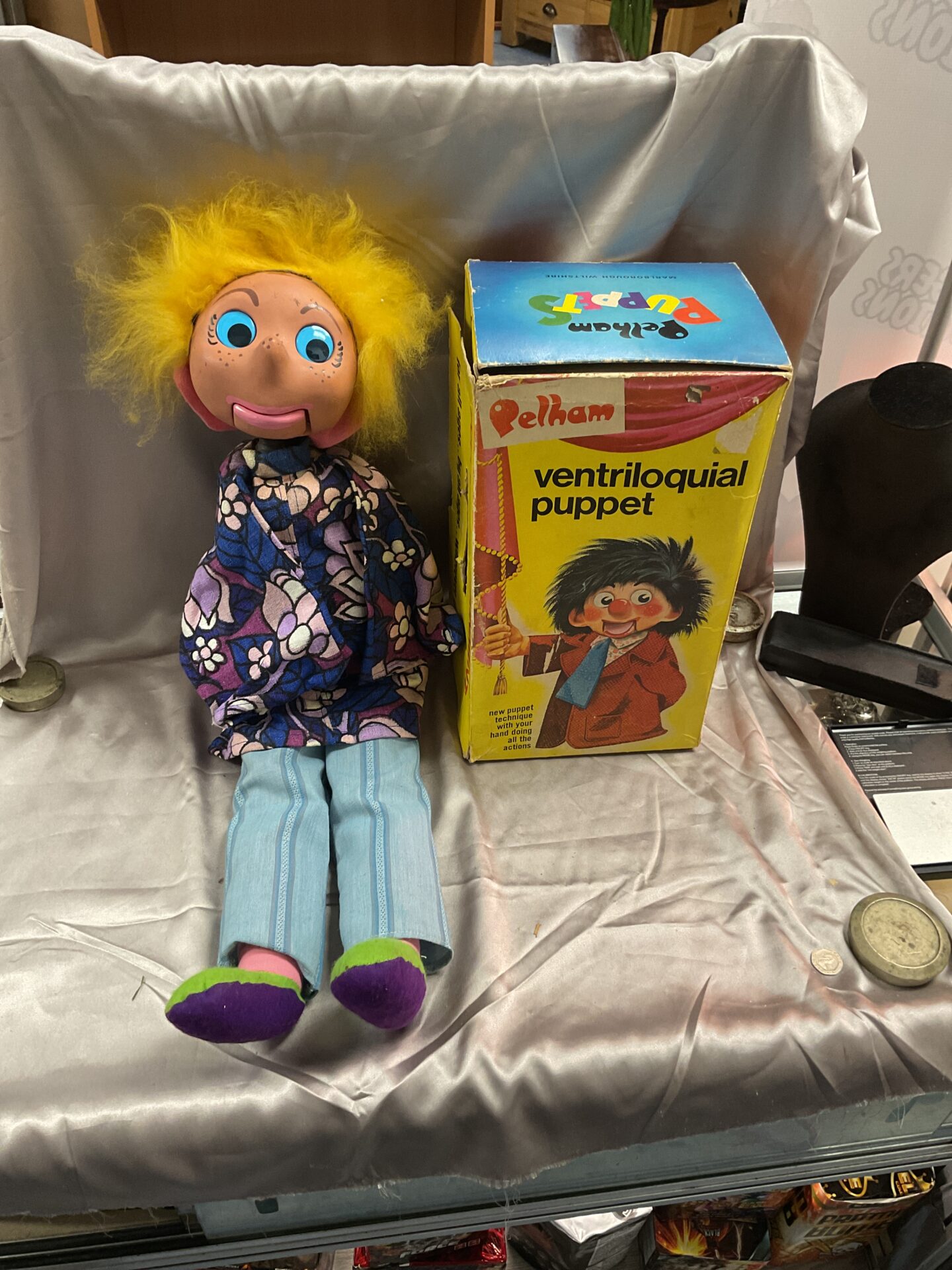 879 Vintage Pelham Ventriloqial Girl Puppet 26” Tall with original box