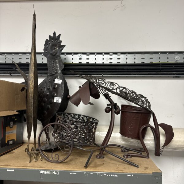 Metal garden ornaments lot including cockerel and dog planter.