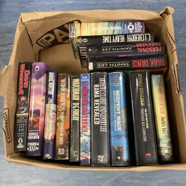 A lot of vintage science fiction and fantasy hardback books.