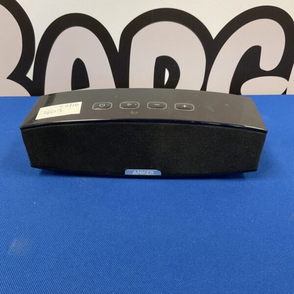 Front view of the black Anker Bluetooth speaker.