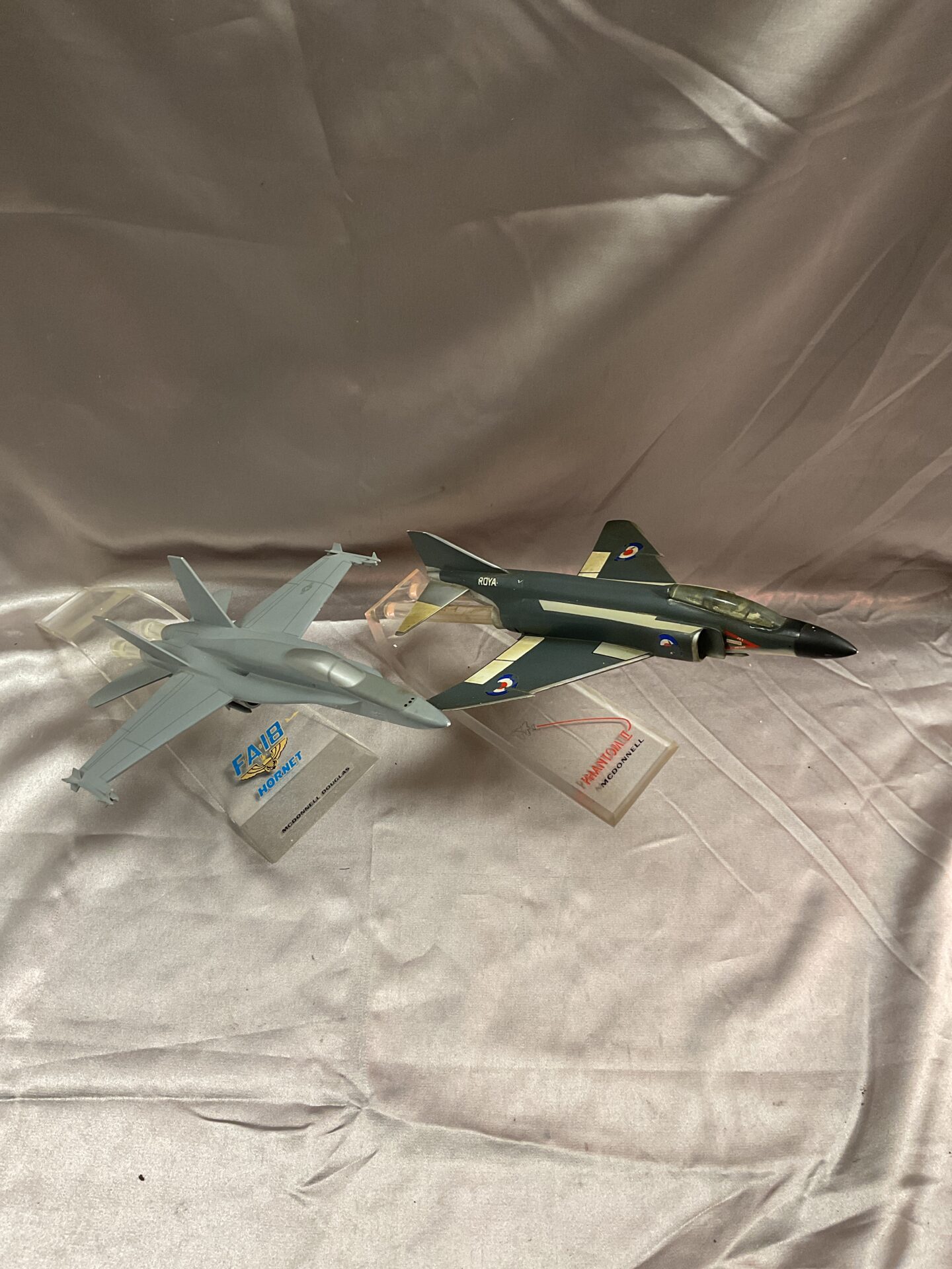 888 Two 9” Model fighter jets on stands Phantom F4 And FA18 Hornet