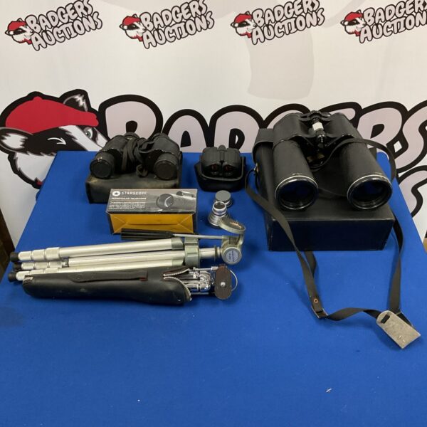 Vintage binoculars, starscope telescope and tripods lot for sale.