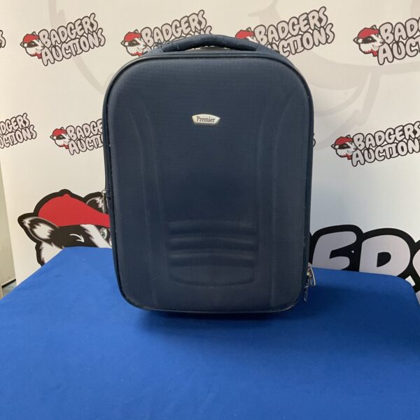 Front view of a small Premier hard shell suitcase.