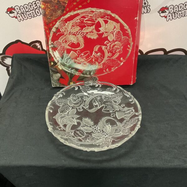 Large Walther glass Christmas platter with embossed holiday design.