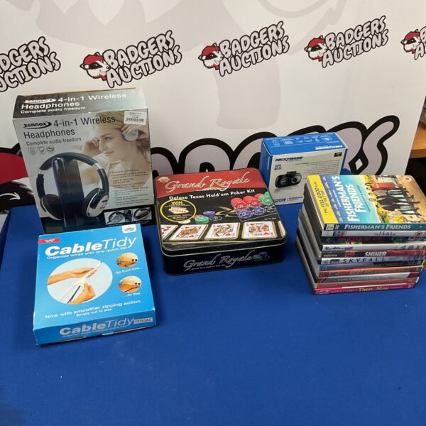 Mixed lot bundle including headphones, dash cam, and poker set.