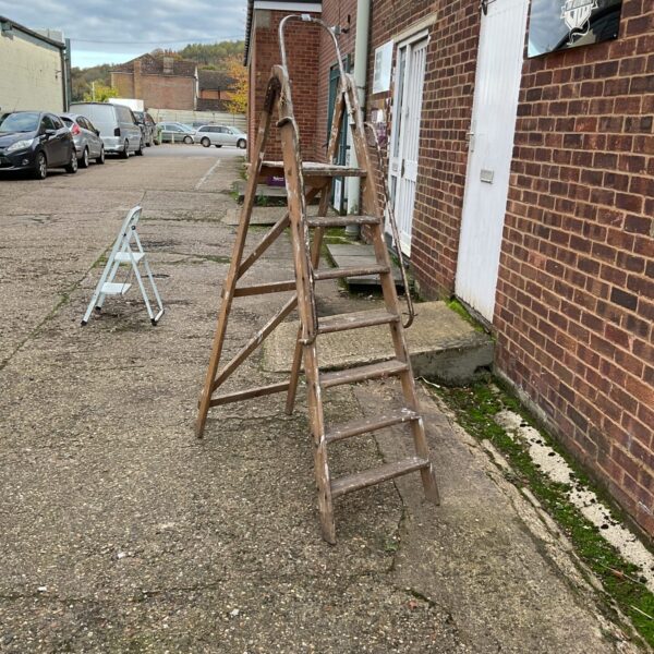 Vintage wooden step ladder in a garden setting.