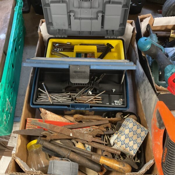 Assorted tool lot with tray and two toolboxes filled with screws.