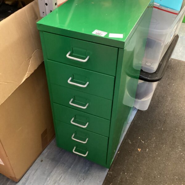 Green vintage engineers cabinet with six drawers for tool storage.