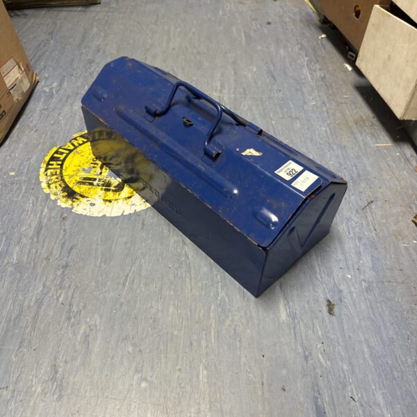 Vintage metal toolbox, a classic record storage solution.