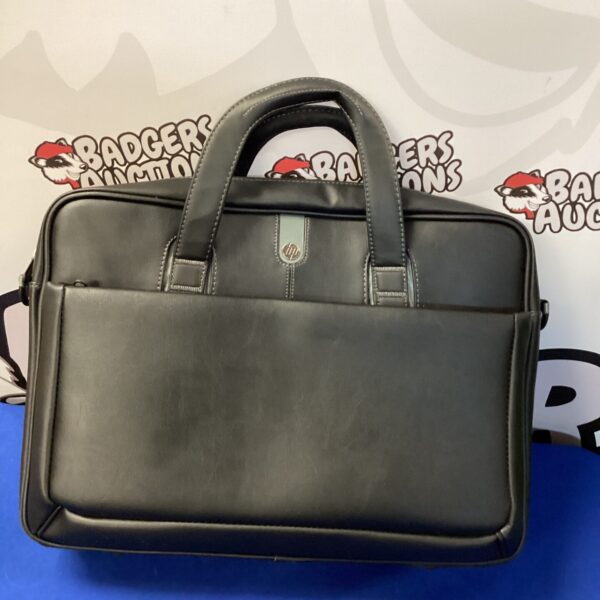 Black HP laptop bag with handle, front view.