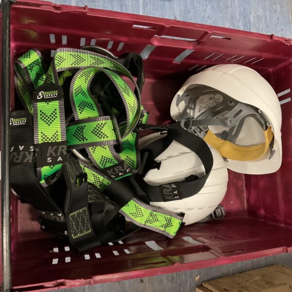 Kratos safety harness and hard hats lot for construction work.