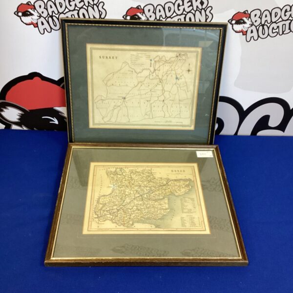 Framed antique maps of Surrey and Essex, 19th century county maps.