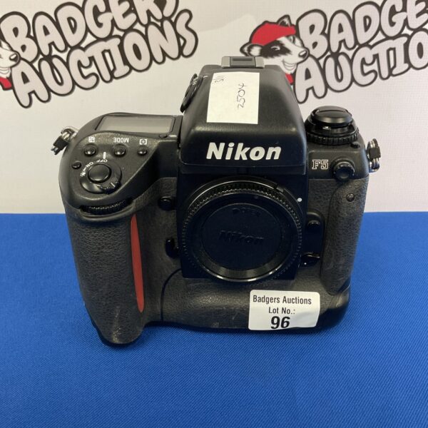 Front view of a vintage Nikon F5 film camera.