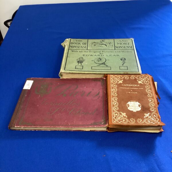 Antique book collection featuring Edward Lear's Book of Nonsense.