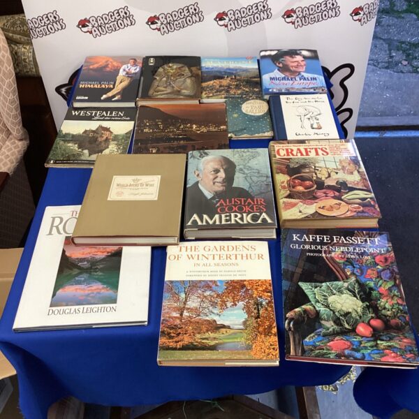Overview of a mixed book lot including Michael Palin and wine atlas.