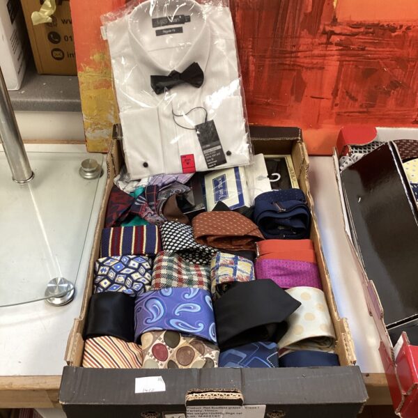 Lot of vintage ties, bow ties and handkerchiefs for sale.