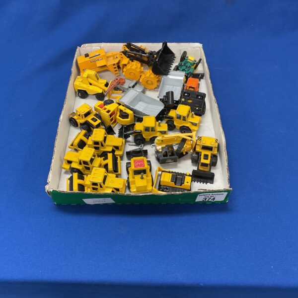 Lot of Majorette and Matchbox construction vehicles, diecast toy trucks.