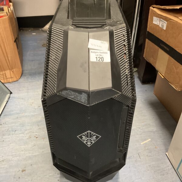 Front view of the HP Omen gaming PC tower.