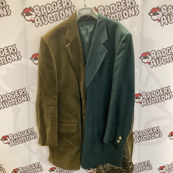 Two vintage corduroy jackets, a green dinner jacket and olive green jacket.