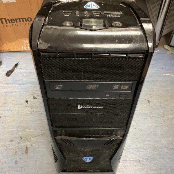 Black Vantage PC case with DVD writer drive visible.