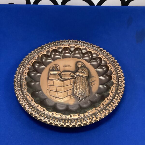 Vintage Ricordo copper plate with embossed woman scene.