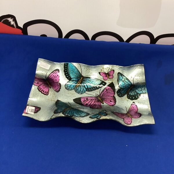 Decorative silverglass plate with colourful butterfly design.