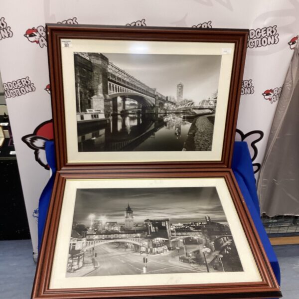 Vintage framed black and white print of a bridge and waterway.