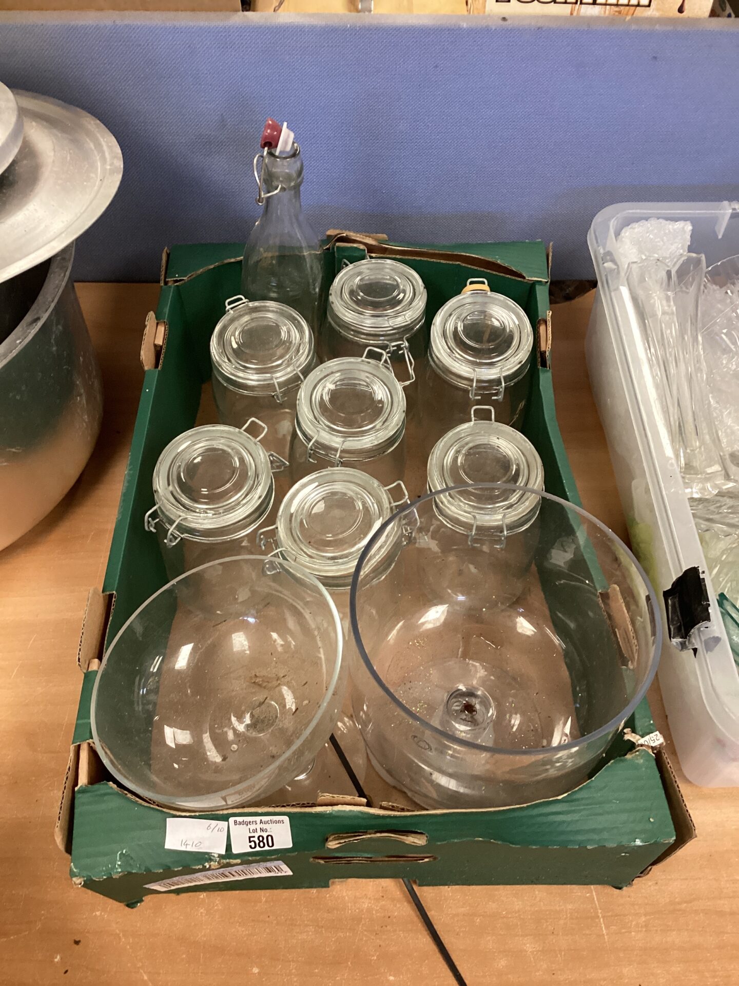 580 Tray of mostly kilner style lidded jars with twolarge bowls